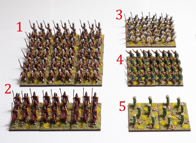 1. Italian allied cavalry, Reg Cv (O). 2. Roman cavalry, Reg Cv (O). 3. Italian extraordinarii foot, Reg Ax (S). 4. Thracian volunteers, Reg Ax (O). 5. Cretan archers, Reg Ps (O).