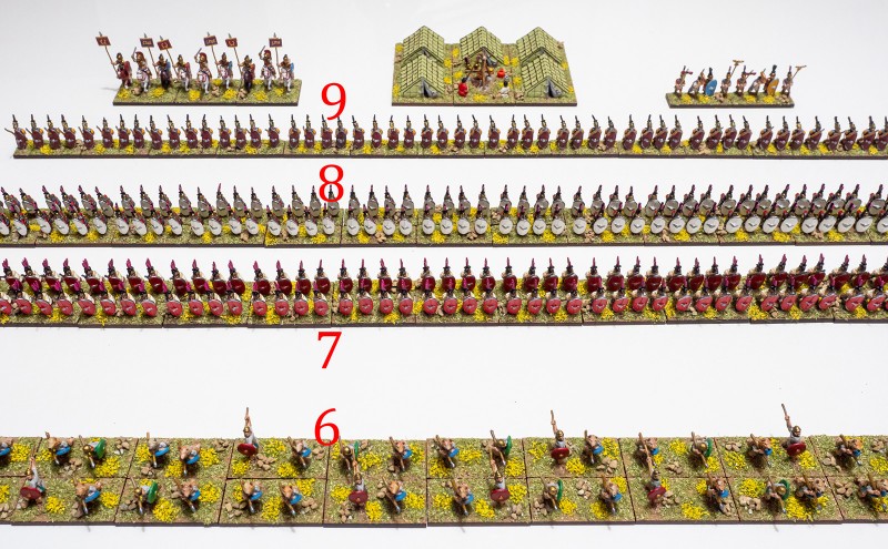 Polybian_Romans_03.jpg (711.55 KiB) 6087 mal betrachtet 6. Velites, Reg Ps (S). 7. Roman hastati, Reg Bd (O). 8. Roman principes, Reg Bd (O). 9. Triarii, Reg Sp (S).