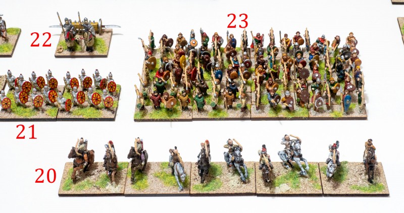 20. Hunnic mercenaries, Irr LH (S). 21. Legionarii with heavy clubs, Reg Bd (X). 22. Currus drepanus, Irr Exp (O). 23. Gothic foot, Irr Wb (O).
