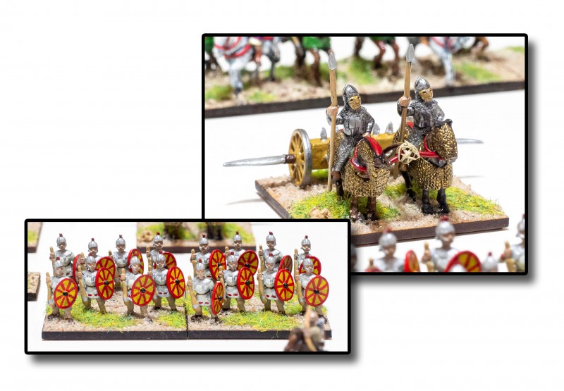Late_Imperial_Roman_09.jpg (810.9 KiB) 7132 mal betrachtet Für die "Legionarii with heavy clubs" habe ich die vorhandenen Speere gekürzt und aus Greenstuff die Keulen modelliert. Den exotischen "Currus drepanus", ein Art Sichelstreitwagen, der wie ein Pflug gezogen wird, habe ich aus diversen Teilen selbst gebaut, da kein Hersteller sowas anbietet.