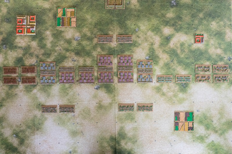Strength_and_Honour_Roman_Army_02.jpg (1.14 MiB) 1623 mal betrachtet Die Truppen von links nach rechts: Vier Basen Kavallerie, zwei Basen Auxiliartruppen, sechs Basen von je einer Legion, zwei Basen Auxiliartruppen, zwei Basen massierte Bogenschützen, vier Basen leichte Kavallerie. (Die Auxiliartruppen und Legionen sind mit schmalen Linien leichtbewaffneter vor bzw. Reservelinien hinter den Einheiten ausgestattet.) Vor der Schlachtlinie stehen links zwei Basen mit Plänklern, rechts zwei Basen speziell mit Schleuderern. Hinter der Linie stehen nochmal zwei Basen mit Plänklern; dainter, ganz am oberen Tischrand, liegt das Marschlager.