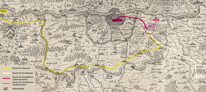 Der rekonstruierte Weg der Protagonisten beider Seiten, visualisiert auf einer Karte aus späterer Zeit (von 1589). Die Hanauer haben einen weiten Weg von fast 30 km über Dörnigheim, Vilbel, Eschersheim und Ginnheim zurückgelegt; sie vereinten sich bei Hausen mit den Kronbergern und setzten den Rest der Wegstrecke gemeinsam fort. Achtung: Die Karte ist nicht genordet, Süden ist oben.