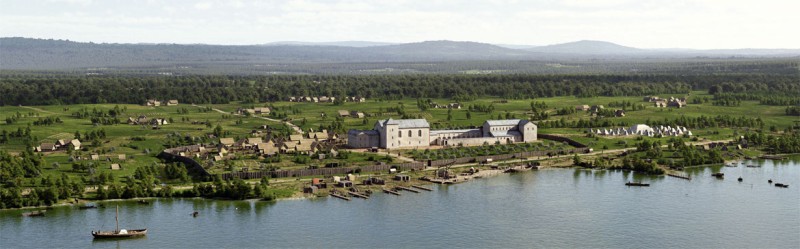 Rekonstruktion der Kaiserpfalz auf dem Frankfurter Domhügel, Zustand gegen Mitte des 9. Jahrhunderts, also ca. 50 Jahre nach meiner anvisierten Projektzeit. (© Archäologisches Museum Frankfurt)
