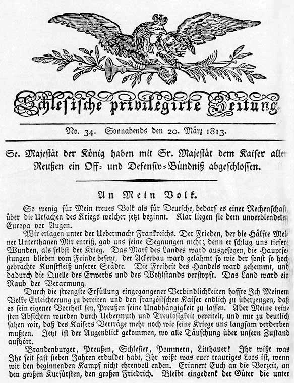 Beginn des Appells An Mein Volk, mit dem Preußens König Friedrich Wilhelm III. im März 1813 zum Freiheitskrieg gegen das napoleonische Frankreich aufrief.
