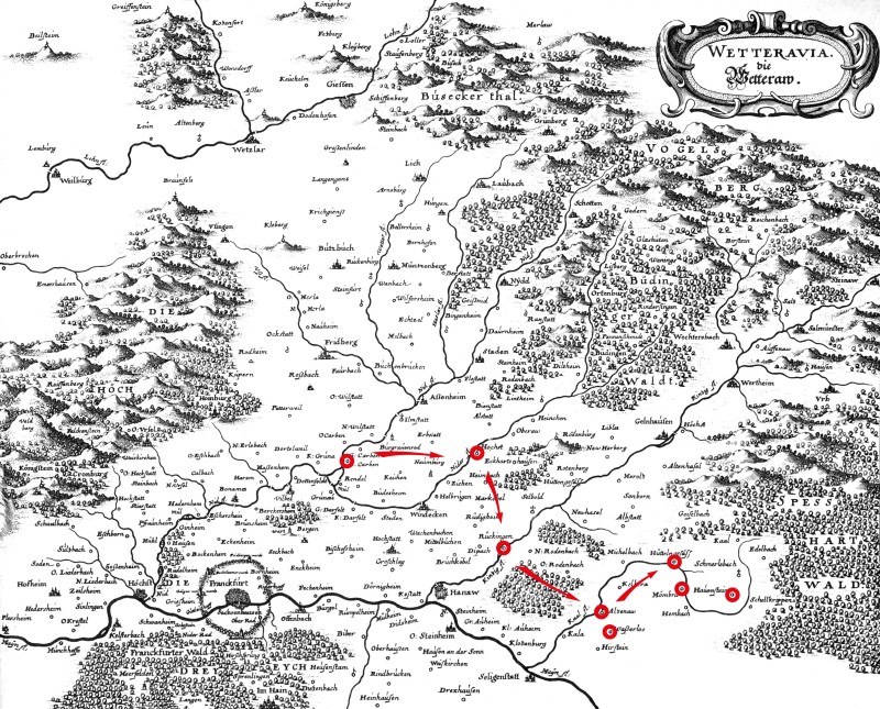 Wetterauer_Fehde_1405.jpg (2.2 MiB) 1568 mal betrachtet Die Landkarte stammt eigentlich von Matthäus Merian von 1655, aber sie eignet sich ganz gut, da die Orte und Ortsnamen sich innerhalb der 250 Jahre nicht so arg verändert haben. Ich habe die einigermaßen gesicherten Schauplätze eingetragen. Die Routenpfeile sind spekulativ.